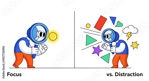 Illustration of a character focusing on a light bulb while another character is surrounded by distractions