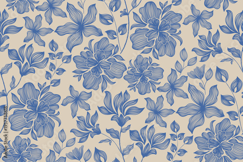 Vintage floral ethnic tapestry modern embroidery texture boho design vector illustration hand drawn silhouette indigo blue flower motif branches leaves wallpaper seamless background border.