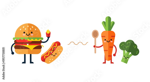 Healthy food choices concept Adorable cartoon fast food versus fresh vegetables, illustrating balanced nutrition and a smart diet