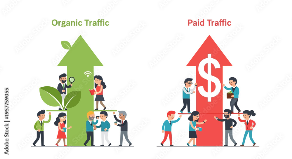 Fototapeta premium Visualizing effective digital marketing strategies contrasting organic and paid web traffic growth for business success