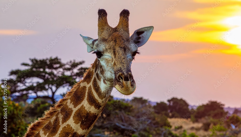 Obraz premium Giraffe in savannah at sunset hour.