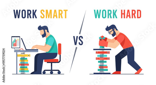 Smart work versus hard work concept optimizing productivity through strategic planning and efficient methods over strenuous manual effort