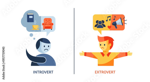 Introvert versus extrovert personality types comparison illustration showing contrasting traits and behaviors