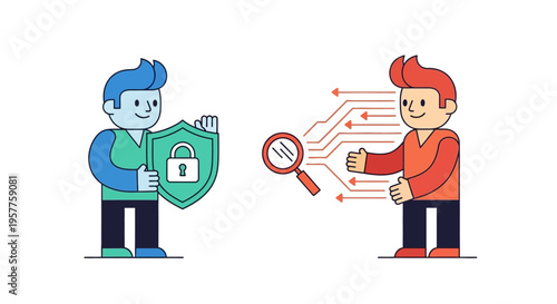 Cybersecurity concept showing data protection and analysis with magnifying glass and shield