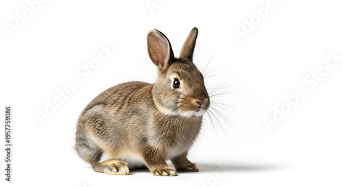 A cute brown rabbit sitting calmly on white background looking sideways
