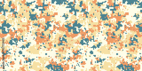 Abstract digital camouflage pattern in muted orange, beige, and teal.  Ideal for backgrounds, textiles, and fashion designs.