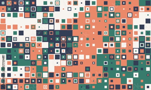Abstract geometric pattern of colorful squares.  Ideal for modern design, tech backgrounds, presentations, and website banners. This vibrant, pixelated texture conveys energy and dynamism.