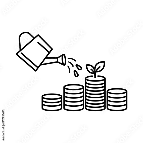 Dividend yield and financial growth concept vector icon illustration. A minimalist black line drawing of a watering can watering stacks of coins with a small plant sprout growing on top.