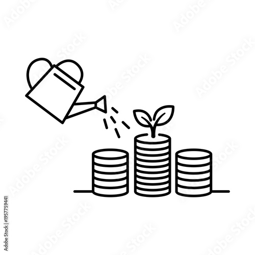 Minimalist black line vector icon illustration of a watering can watering stacks of coins with a growing plant sprout, symbolizing dividend yield, financial growth, investment, and wealth.