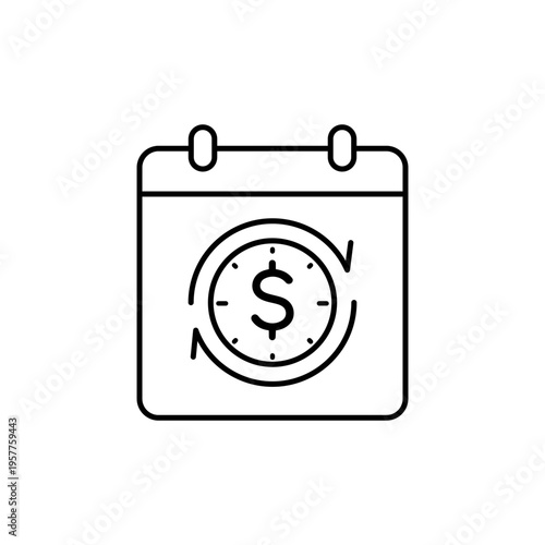 Minimalist black line vector icon of a calendar with a dollar sign and circular arrows, representing subscription revenue, recurring payments, and monthly billing cycles on a white background.