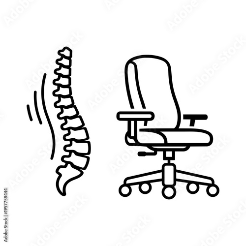 Ergonomic Office Chair and Human Spine Minimalist Black Line Vector Icon Illustration for Workspace Health, Posture Support, Lumbar Comfort, Orthopedic Wellness, and Back Pain Prevention.