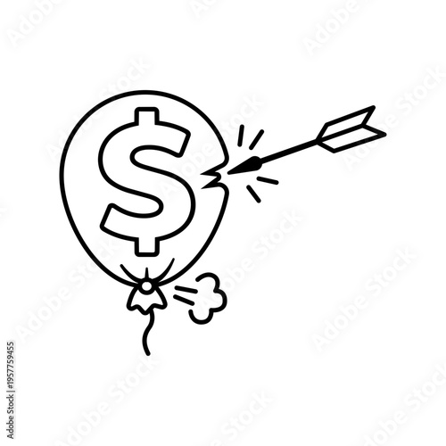 Inflation Impact Vector Icon: A minimalist black line illustration on a white background featuring a dollar sign balloon being popped by an arrow, symbolizing economic bubble burst and crisis.