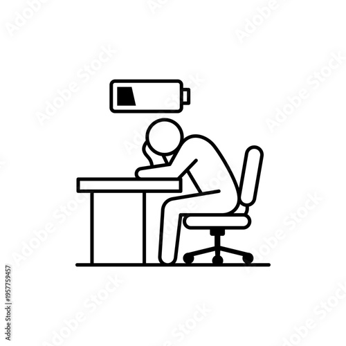 Quiet Quitting Vector Icon: A minimalist black line illustration on a white background of a tired employee at a desk with a low battery symbol, symbolizing burnout, work stress, and exhaustion.