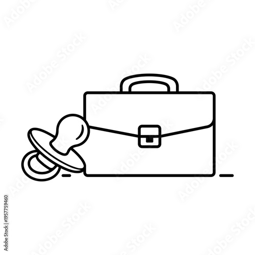 Parental leave minimalist black line vector icon illustration on white background featuring a baby pacifier and a professional briefcase representing work-life balance, maternity, and paternity.