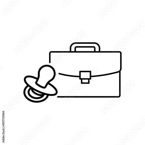 Parental leave minimalist black line vector icon illustration on white background, featuring a briefcase and baby pacifier representing work-life balance, maternity and paternity leave rights.