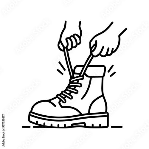 Minimalist black line vector icon illustration of hands tying the laces of a sturdy work boot, symbolizing the concept of business bootstrapping, self-reliance, preparation, and starting up.