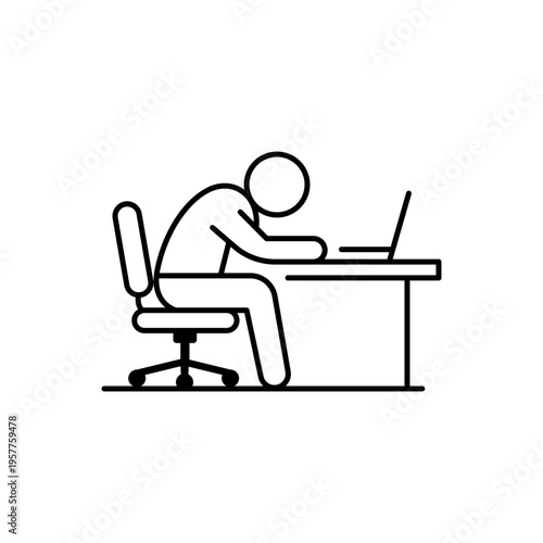 Exhausted employee slumped at desk with low battery icon, minimalist black line vector illustration representing burnout, fatigue, quiet quitting, and work-related stress on a white background.