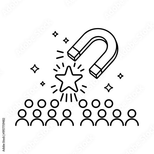 Talent acquisition minimalist black line vector icon on white background. A horseshoe magnet attracting a star from a group of people, representing recruitment, headhunting, and hiring top talent.