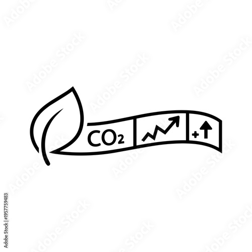 Minimalist black line vector icon illustration of carbon credit trading and CO2 emissions growth, featuring a leaf symbol, rising graph, and upward arrow on a clean white background.