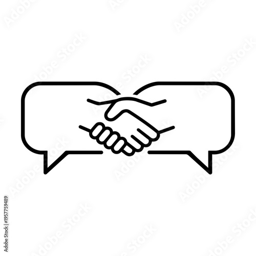 Conflict resolution and agreement minimalist black line vector icon featuring a handshake within two speech bubbles, representing communication, partnership, and peace on a white background.