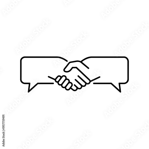 Minimalist black line vector icon of a handshake formed by two speech bubbles, representing conflict resolution, agreement, communication, and successful negotiation on a white background.