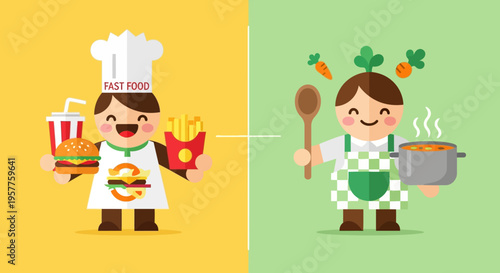 Fast Food Versus Healthy Home Cooking Decision Making Process Concept