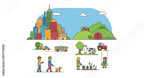 Engaging collection of line art illustrations depicting diverse facets of modern life, featuring cityscapes, rural farms, people, vehicles, and daily activities