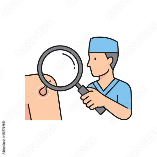 Medical Professional Examining Skin with Magnifying Glass for Skin Conditions. Vector Illustrations. EPS Editable