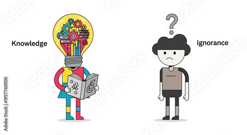 Conceptual illustration The bright, innovative power of knowledge and learning versus the puzzled state of ignorance