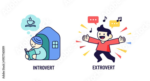Vibrant Cartoon Depiction of Human Personalities Highlighting Distinct Social Preferences and Energy Dynamics