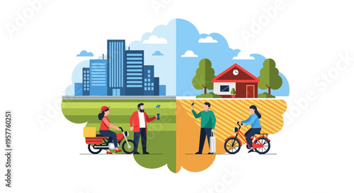 Illustration of a split scene depicting urban and suburban lifestyles with people on bikes and scooters