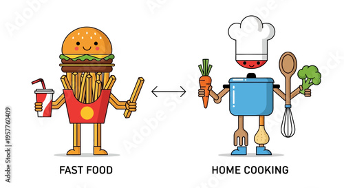 Navigating dietary choices contrasting quick convenience food with nutritious homemade meals, highlighting kitchen essentials like a whisk for healthy eating
