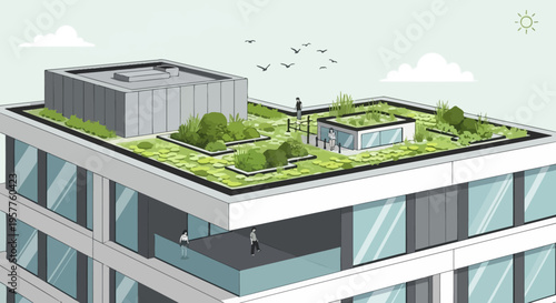 Modern Eco-Friendly Architecture with Sustainable Green Rooftop Garden and Urban Ecology Design Illustration