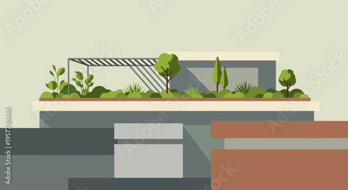 Modern Sustainable Rooftop Garden Illustration - Flat Design Urban Green Roof with Trees and Plants for Eco-Friendly Architecture and Minimalist City Living Concept