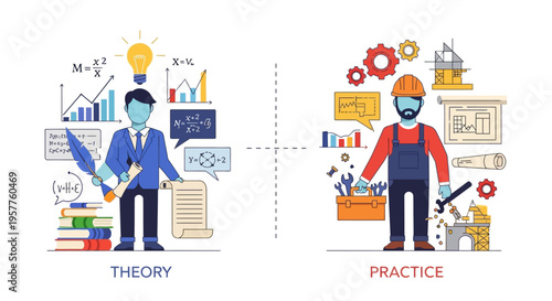 Bridging the gap between academic theory and practical application A visual concept illustrating the importance of knowledge and hands-on skills for professional growth