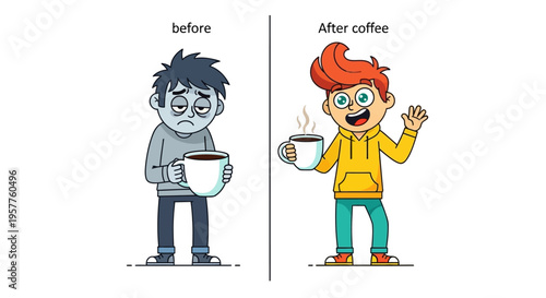 From tired and sleepy to energized and vibrant illustrating the powerful daily transformation experienced after enjoying a stimulating cup of hot coffee