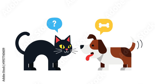Vector illustration black cat's question, dog's bone dream. Highlighting differing pet thoughts and communication
