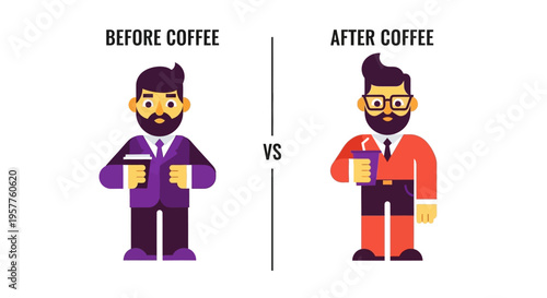 Energized by caffeine A man's vivid transformation from sluggish, unmotivated to alert, productive, showcasing coffee's daily impact