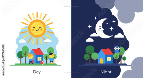 Children Playing Outdoors During the Day and Nighttime with Houses and Trees