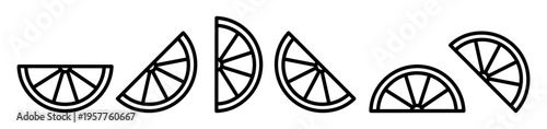 Lemon slice outline icon set. Citrus wedges, half slices shown in different angles and positions. Line pictograms for fruit, food and fresh ingredient concept.