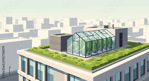 Modern Rooftop Garden and Greenhouse on Urban Building, Sustainability Concept Illustration