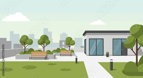 Modern Rooftop Garden with Benches and Greenery in Urban Setting, Vector Illustration of Sustainable City Living and Outdoor Terrace Space