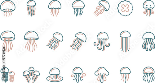 A comprehensive collection of modern, minimalist jellyfish icons in various poses, featuring teal and coral outlines.