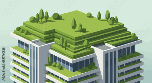 Modern Sustainable Building with Lush Green Roof and Eco-friendly Terraces - Isometric Architectural Illustration of Urban Ecology and Net Zero Design