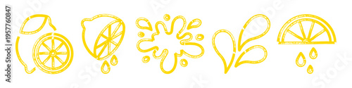 Lemon elements set with slices, wedges and juice drops. Hand drawn marker outline with textured strokes and splash shapes. Fresh citrus concept in childlike doodle style. 