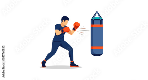 Boxer Pounding a Training Punching Bag. Vector Illustrations. EPS Editable