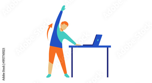 Person stretching beside laptop at desk. Vector Illustrations. EPS Editable