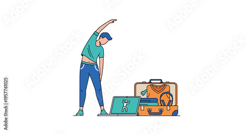 Person Stretching Exercise Near Travel Luggage And Laptop. Vector Illustrations. EPS Editable