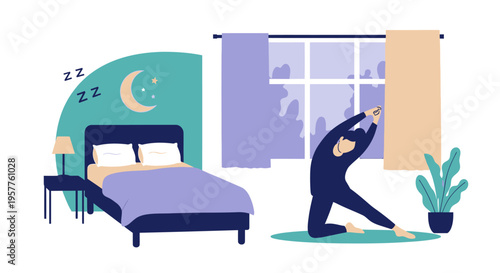 Person waking up stretching on bed in morning scene. Vector Illustrations. EPS Editable