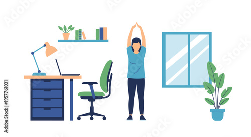 Person Stretching Pose in Office Setting. Vector Illustrations. EPS Editable